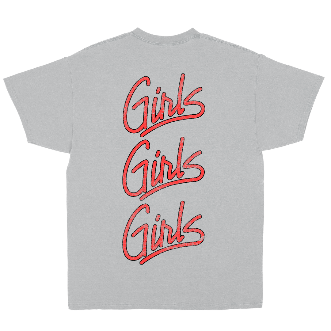 Gray t-shirt with red 'Girls Girls Girls' text