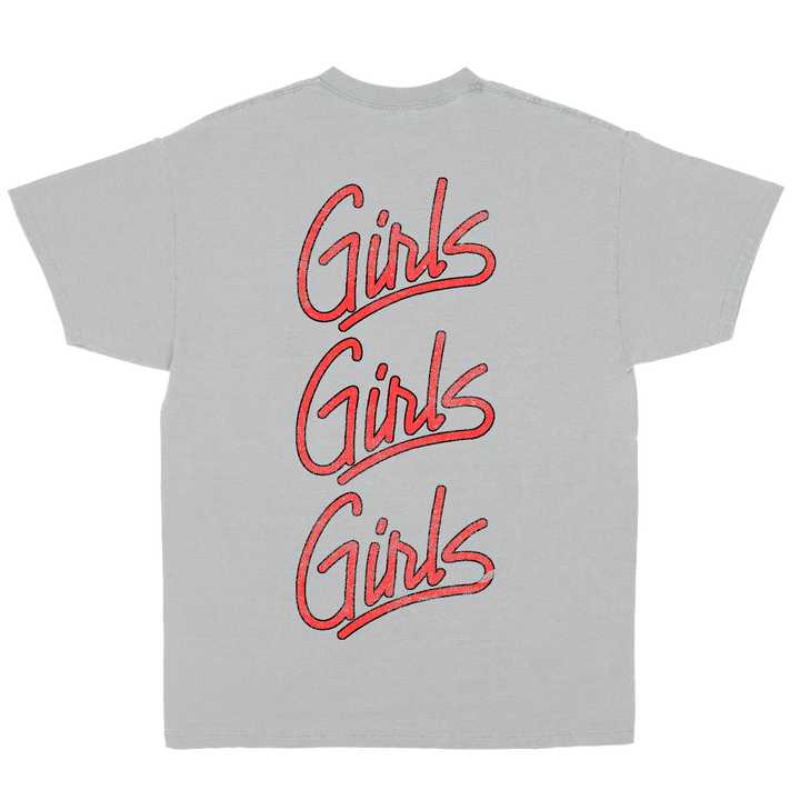 Gray t-shirt with red 'Girls Girls Girls' text