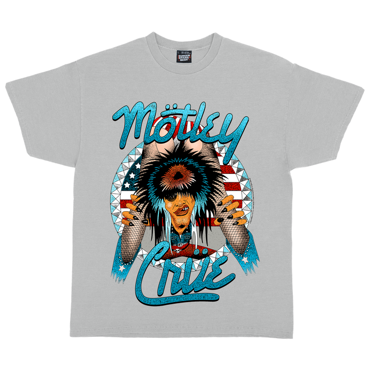 Gray t-shirt with Mötley Crüe graphic design featuring a person with an American flag headdress.