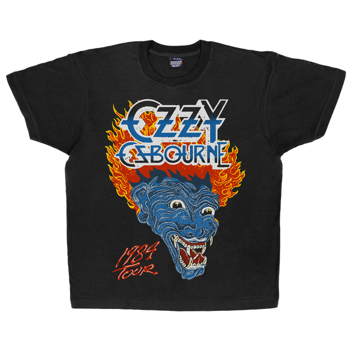 Black t-shirt with Ozzy Osbourne graphic of blue dragon head with flames and 1984 tour written below design