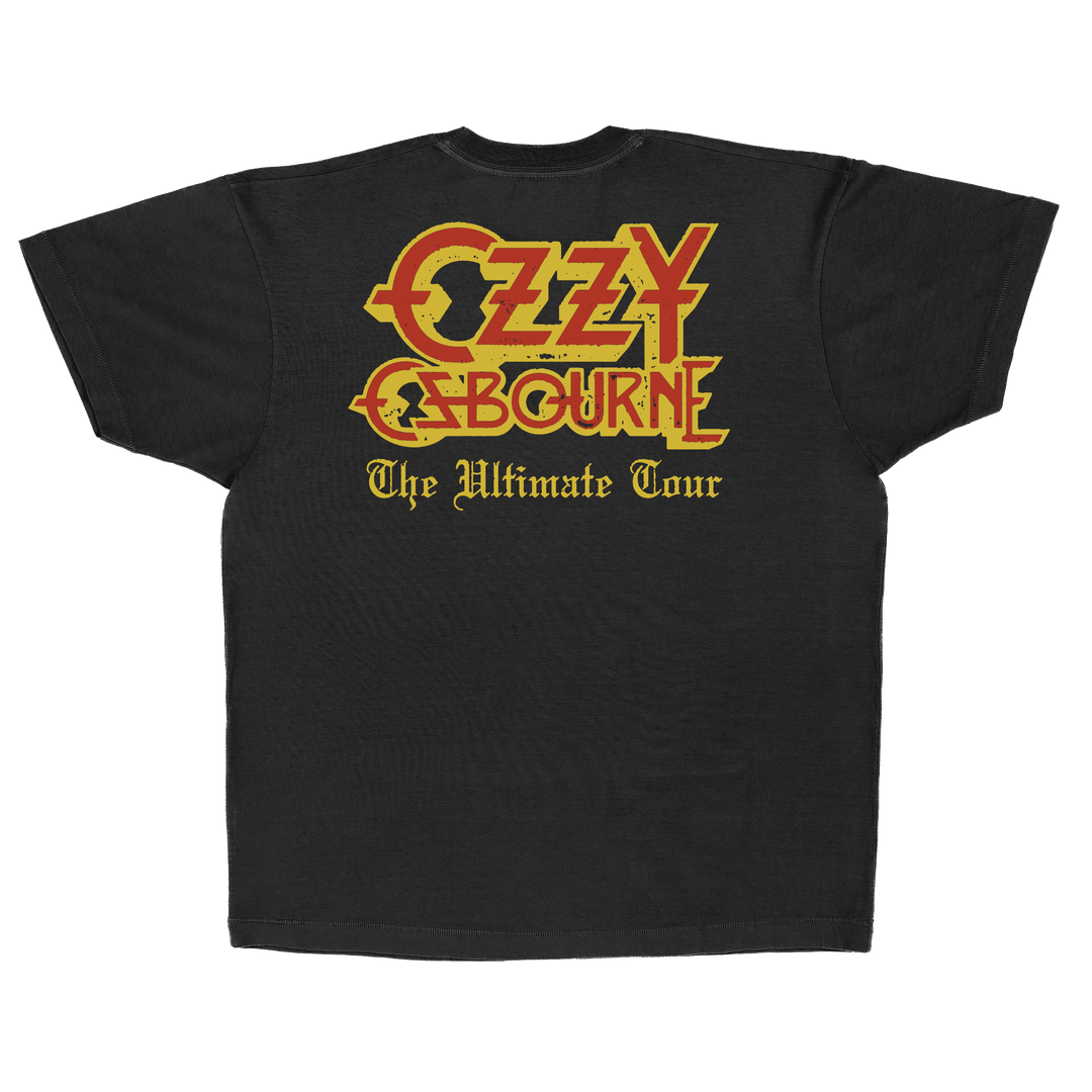 Black t-shirt with Ozzy Osbourne logo and 'The Ultimate Tour' text in yellow and red