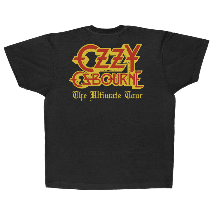 Black t-shirt with Ozzy Osbourne logo and 'The Ultimate Tour' text in yellow and red