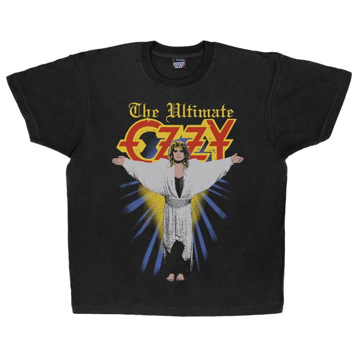 Black t-shirt with 'The Ultimate Ozzy' graphic design featuring a person in a robe and colorful text.