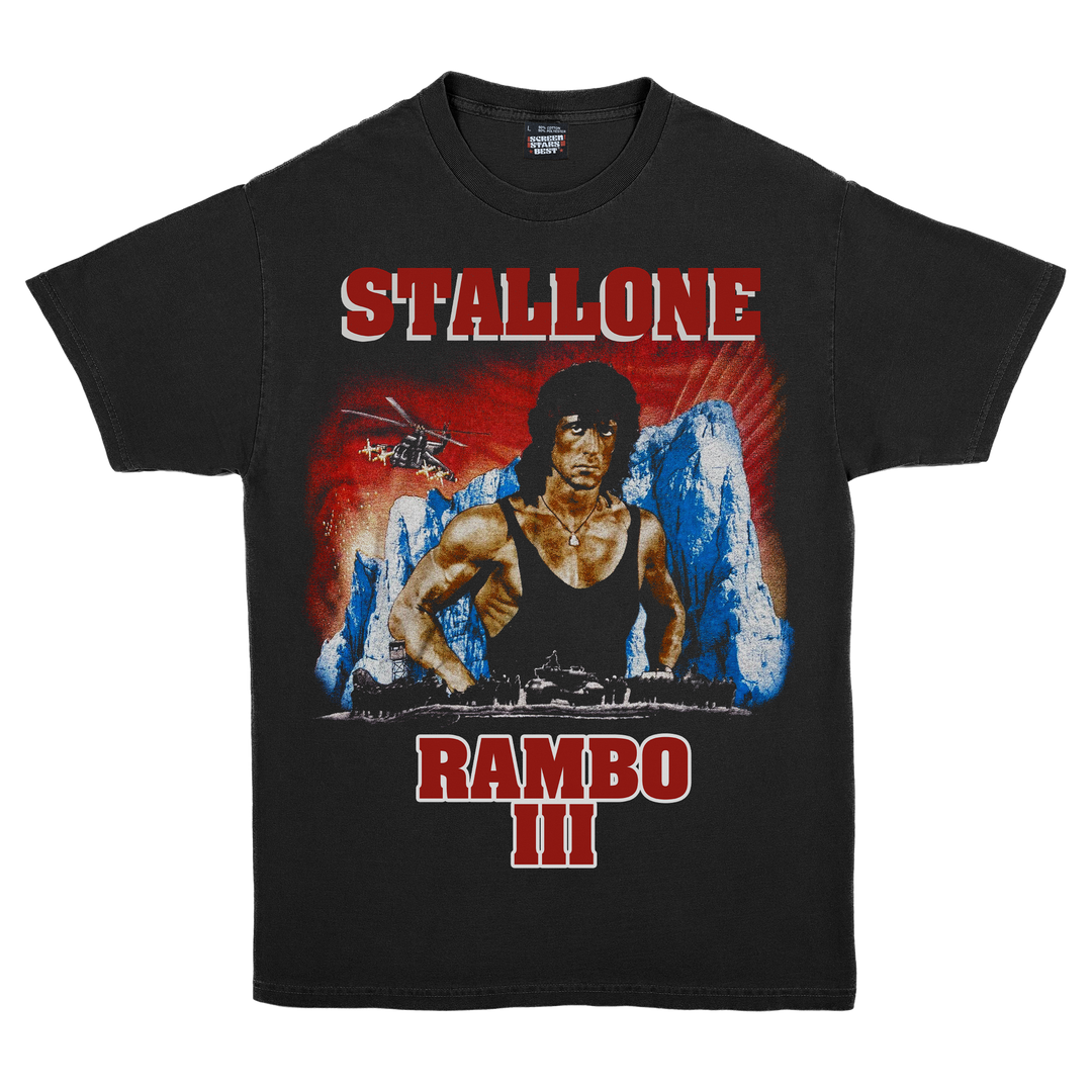 Black t-shirt with 'Stallone Rambo III' image graphic