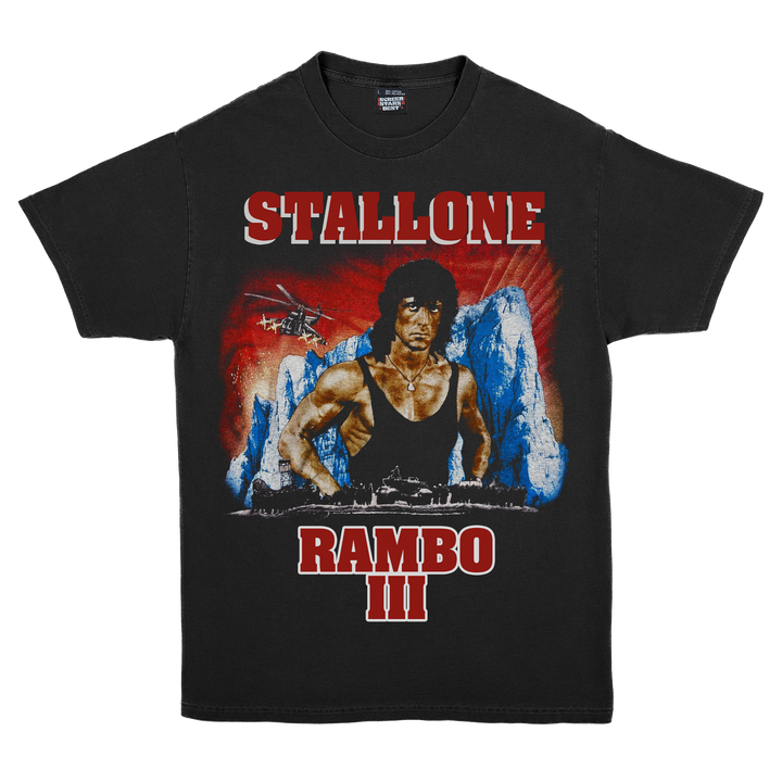 Black t-shirt with 'Stallone Rambo III' image graphic