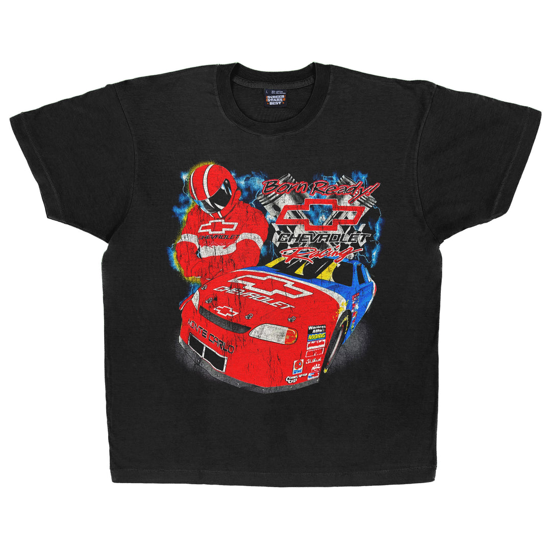 Black t-shirt with a graphic of a race car and helmet