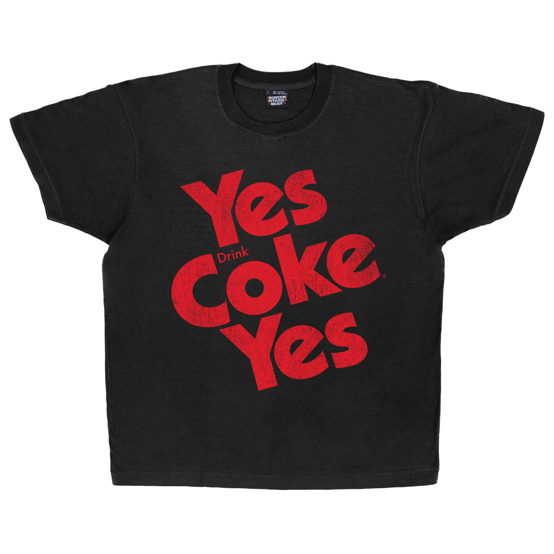 Black t-shirt with red 'Yes Coke Yes' text 