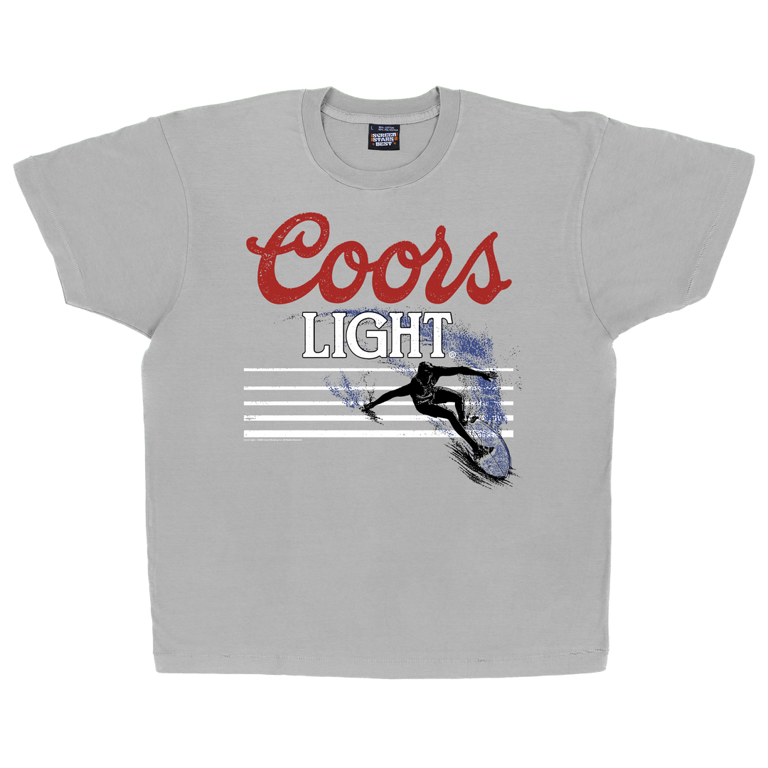 Gray t-shirt with Coors Light logo and graphic of a person surfing.