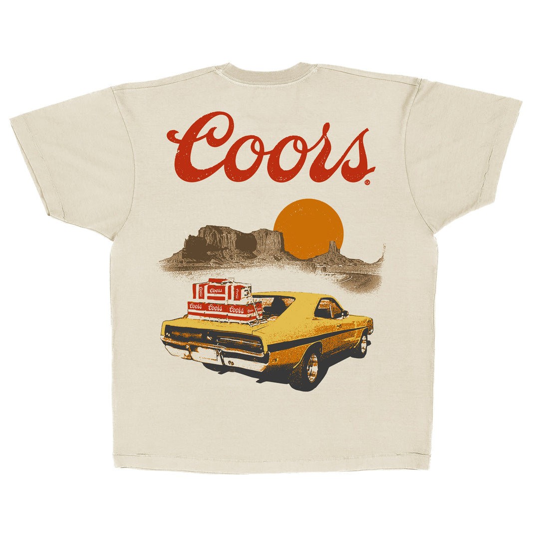 Beige t-shirt with muscle car and Coors beer on trunk graphic