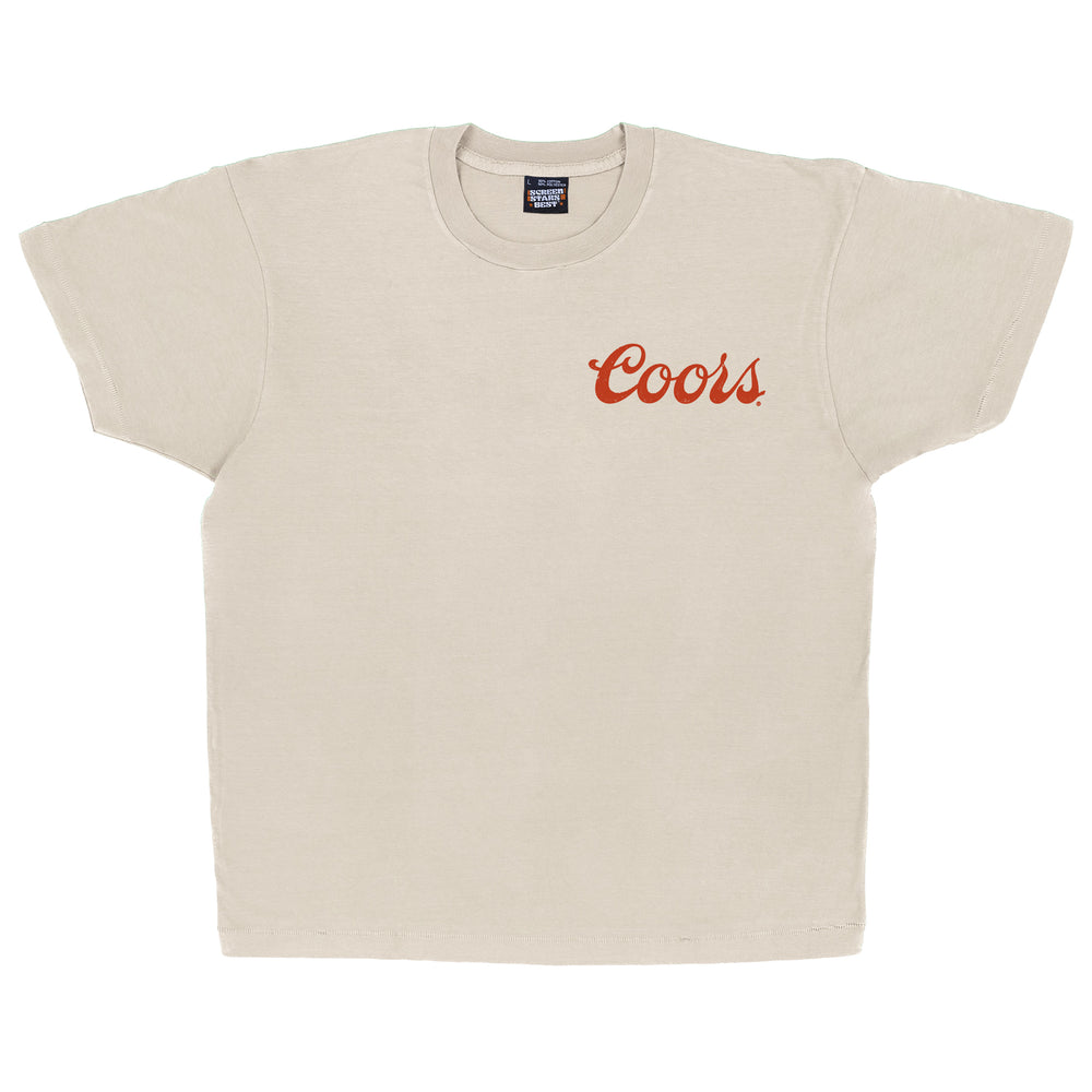 Beige t-shirt with 'Coots' printed in red on chest