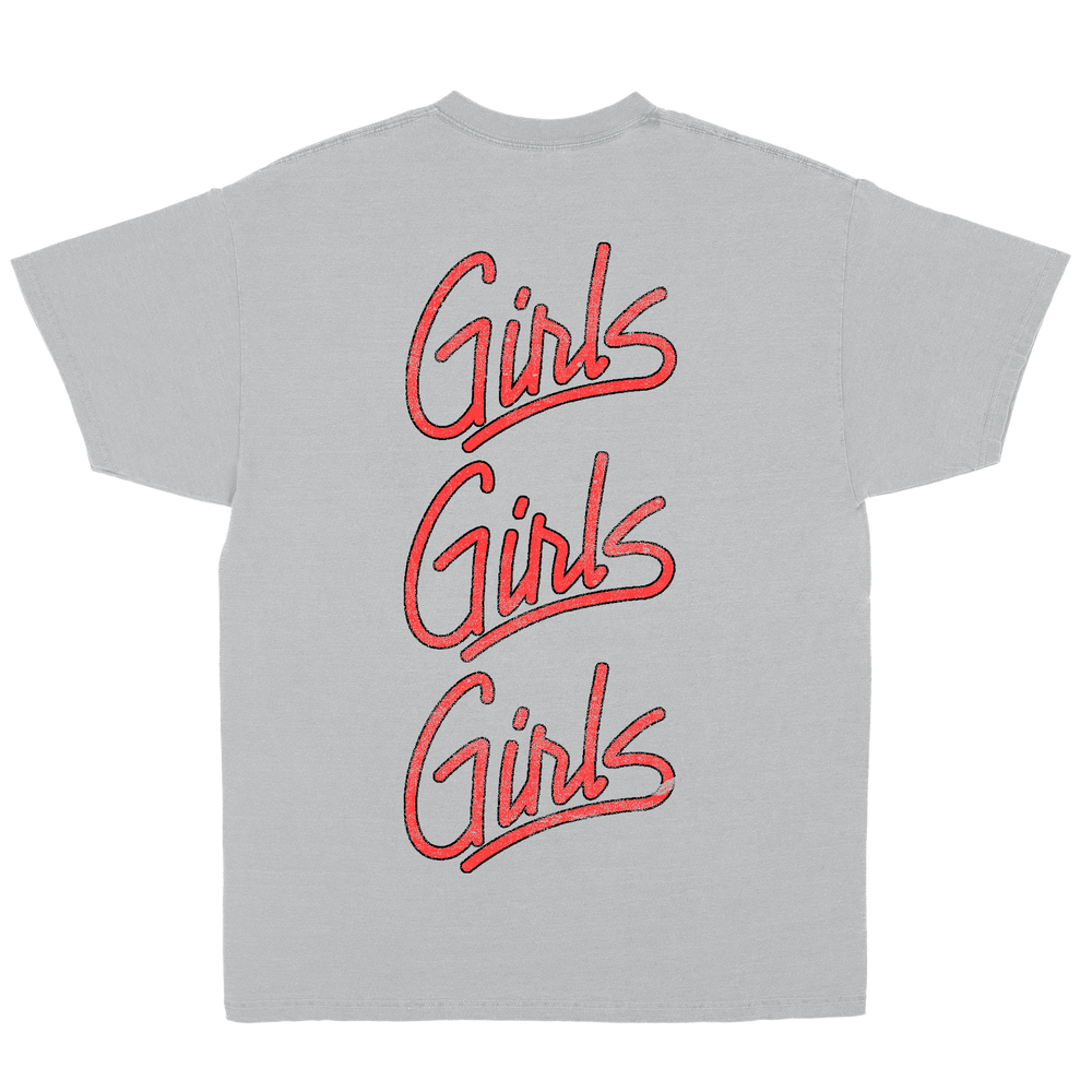 Gray t-shirt with red 'Girls Girls Girls' text 