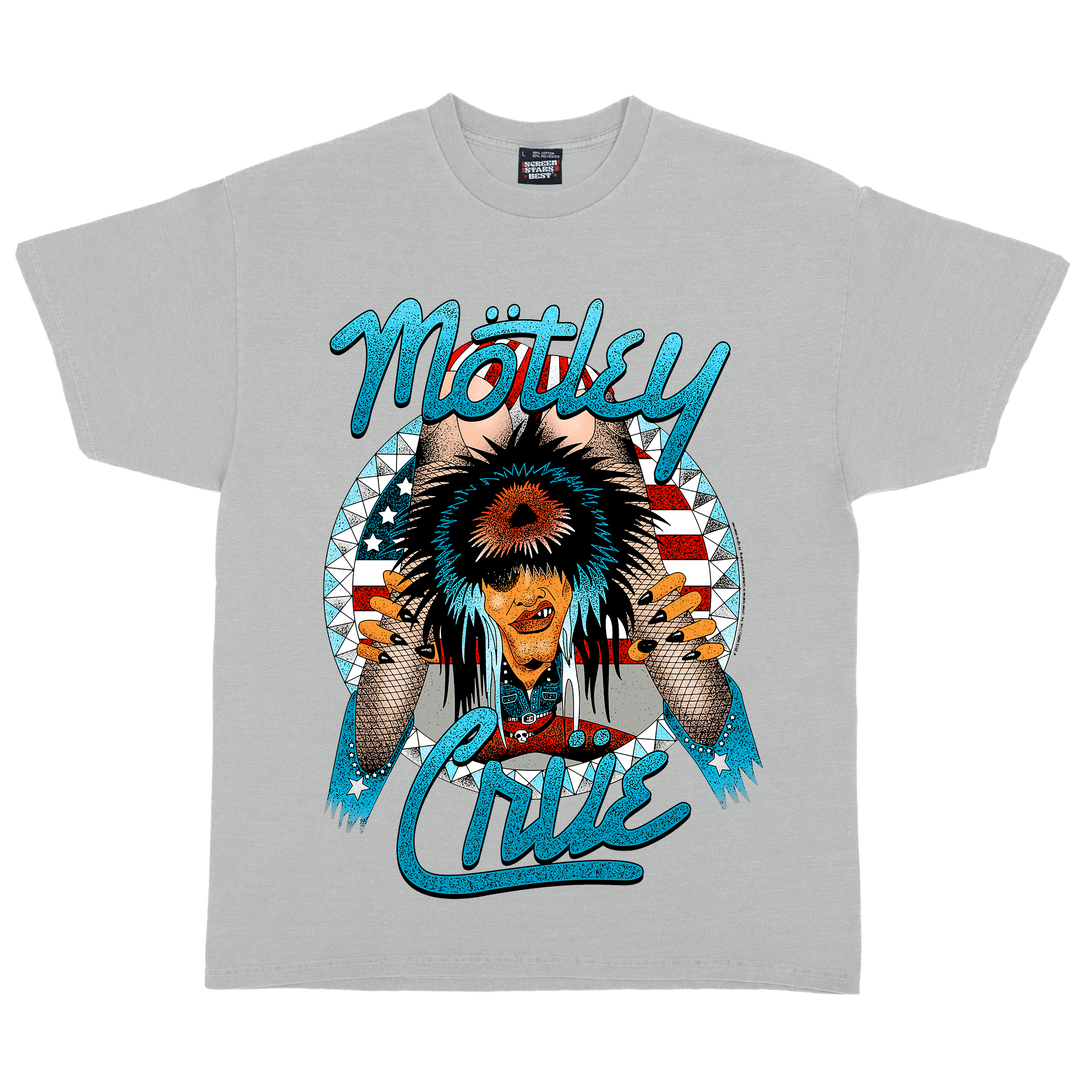 Gray t-shirt with Mötley Crüe graphic design featuring a person with an American flag headdress.