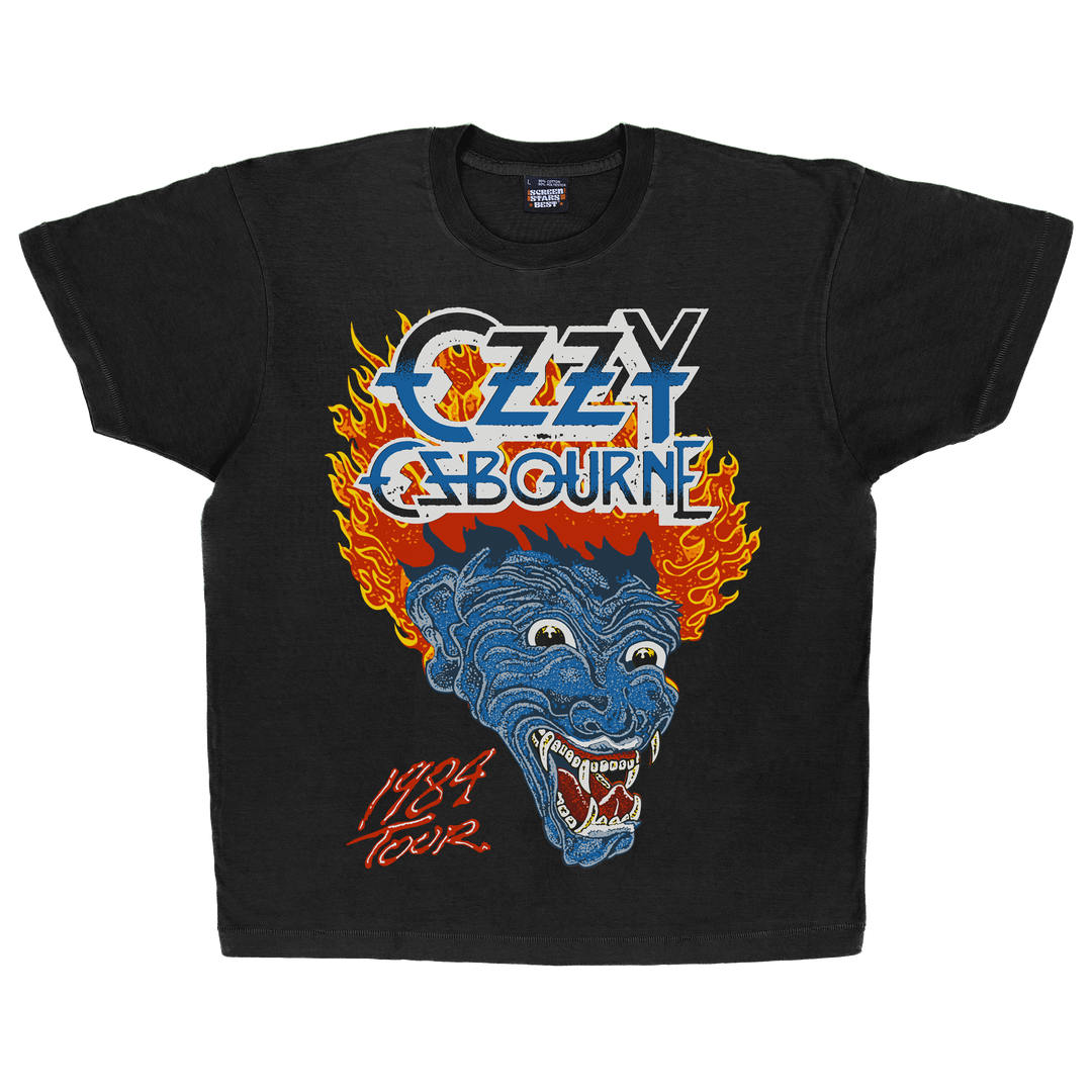 Black t-shirt with Ozzy Osbourne graphic of blue dragon head with flames and 1984 tour written below design