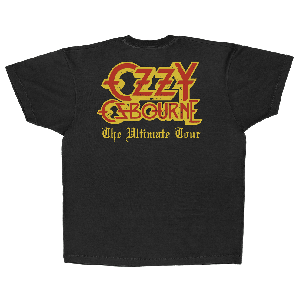 Black t-shirt with Ozzy Osbourne logo and 'The Ultimate Tour' text in yellow and red
