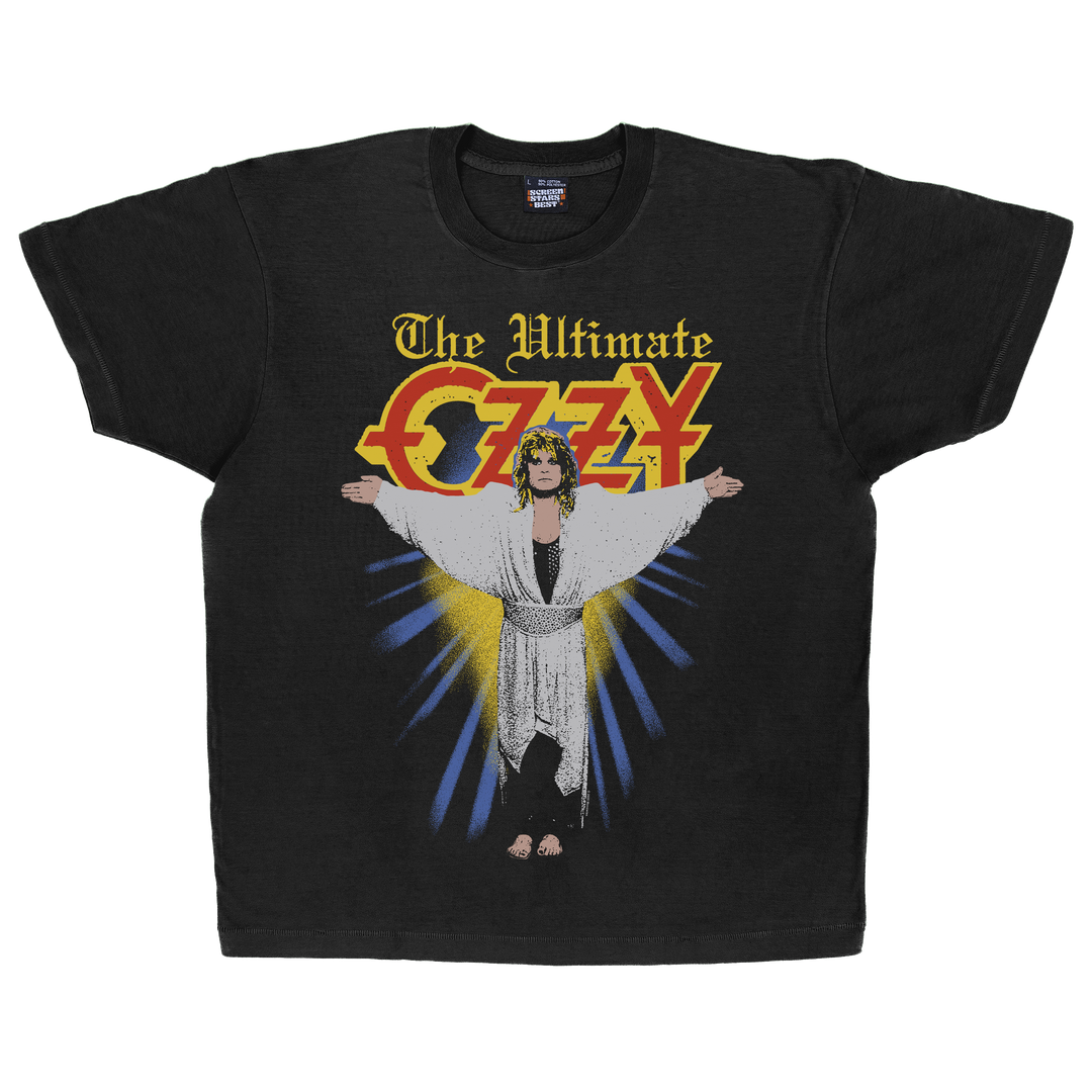 Black t-shirt with 'The Ultimate Ozzy' graphic design featuring a person in a robe and colorful text.