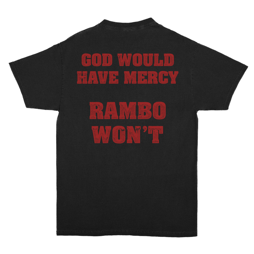 Black t-shirt with red text