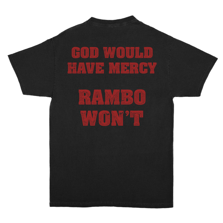 Black t-shirt with red text