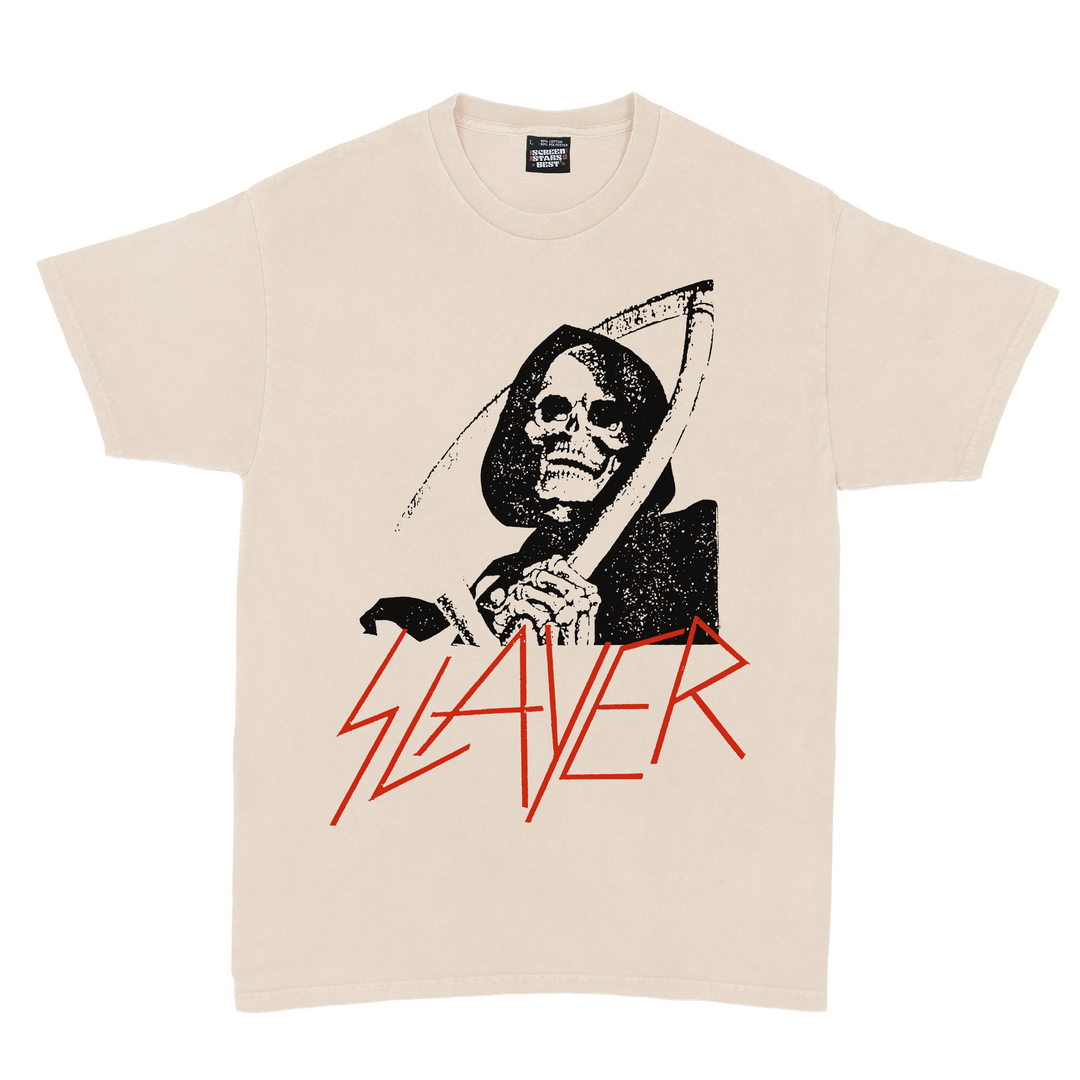 Beige t-shirt with a graphic of a skeleton holding a scythe and the word 'Slayer' printed below.