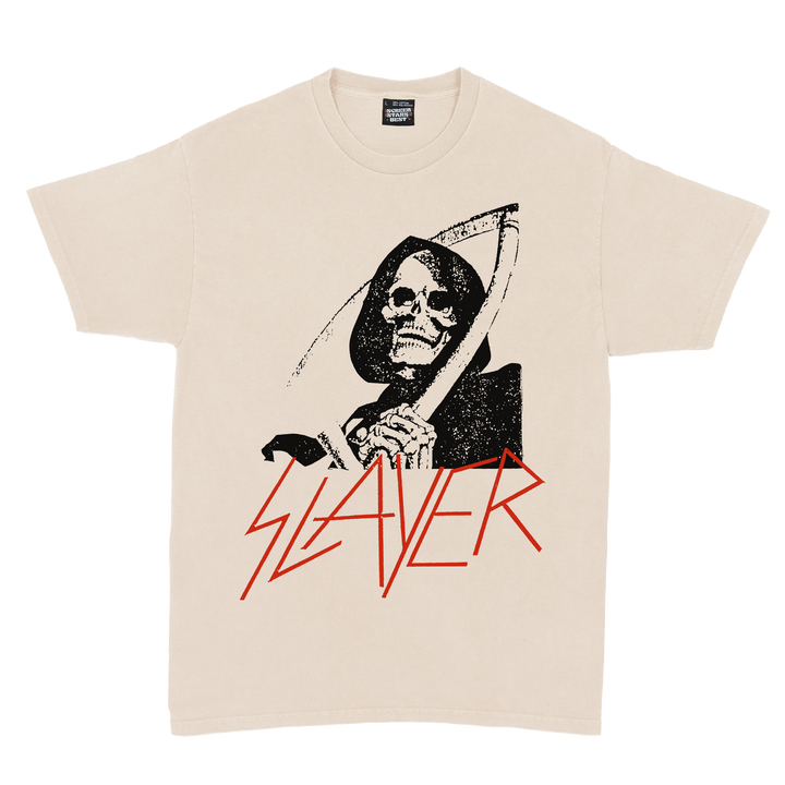 Beige t-shirt with a graphic of a skeleton holding a scythe and the word 'Slayer' printed below.
