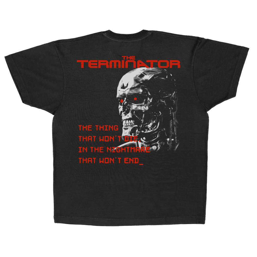 Black t-shirt with 'The Terminator' graphic and text