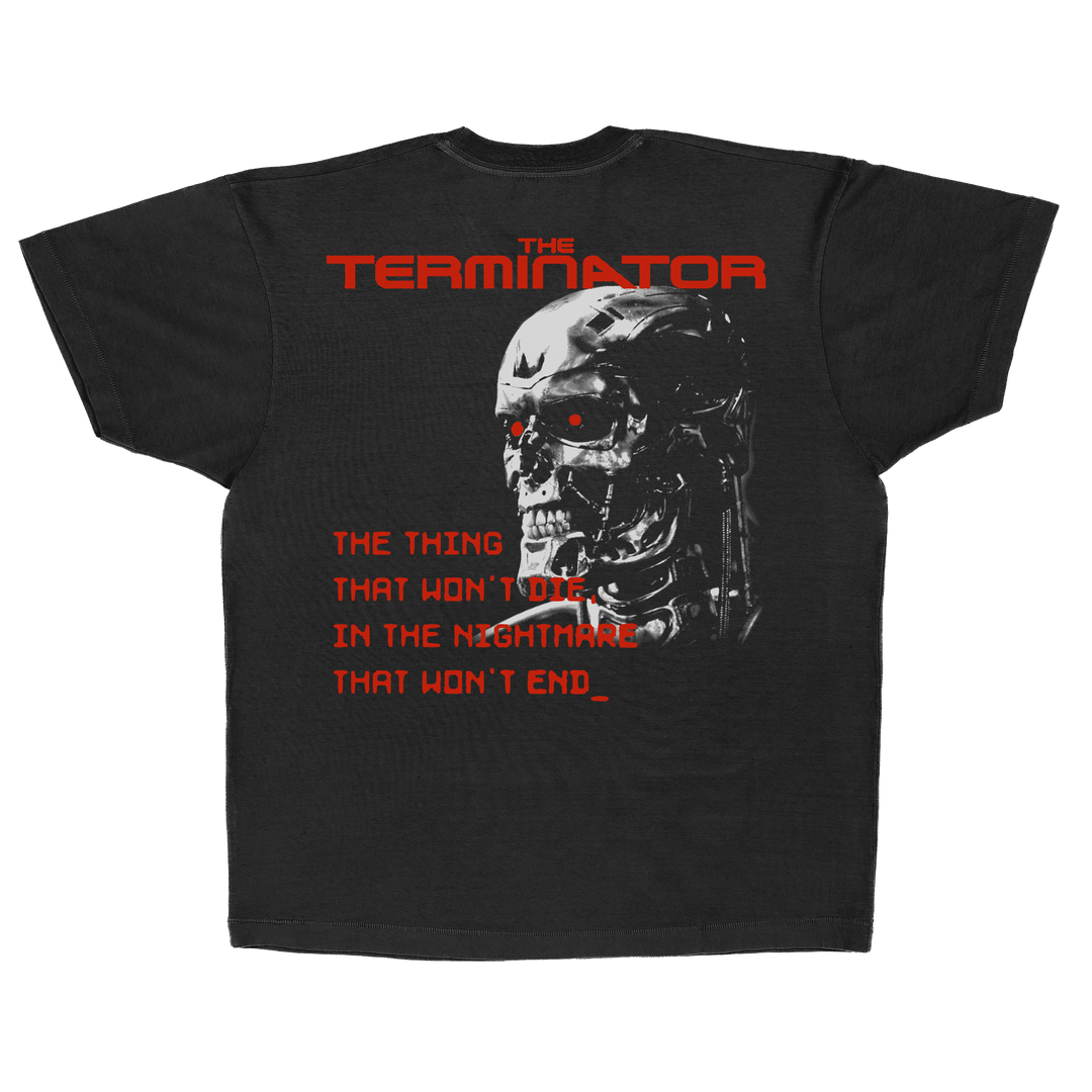 Black t-shirt with 'The Terminator' graphic and text