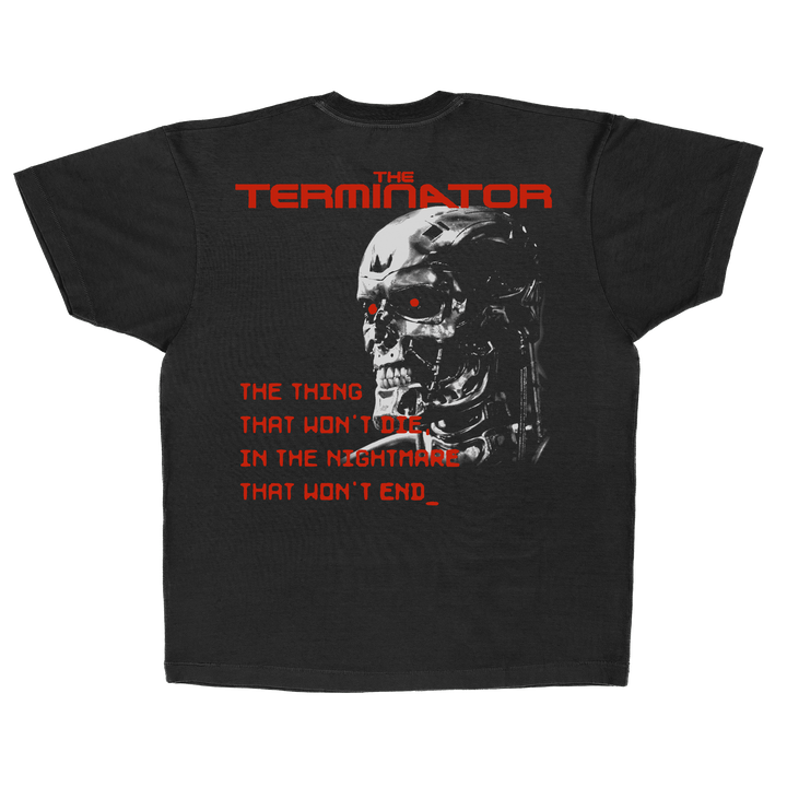 Black t-shirt with 'The Terminator' graphic and text