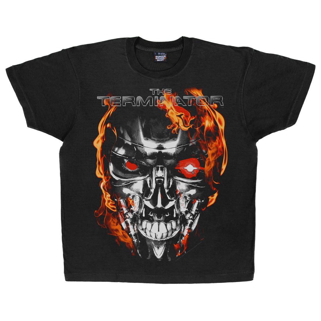 Black t-shirt with 'The Terminator' graphic design featuring a robot skull with flames.
