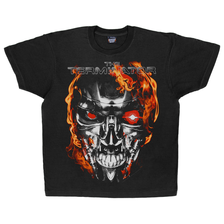 Black t-shirt with 'The Terminator' graphic design featuring a robot skull with flames.